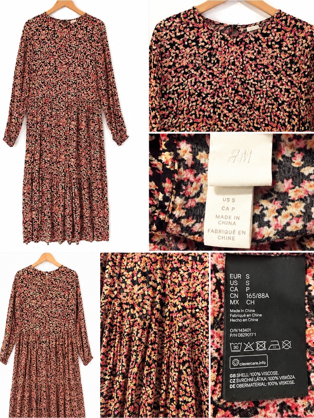 H&M Floral Print Tiered Maxi Dress Small Boho Cottagecore Long Sleeve Viscose